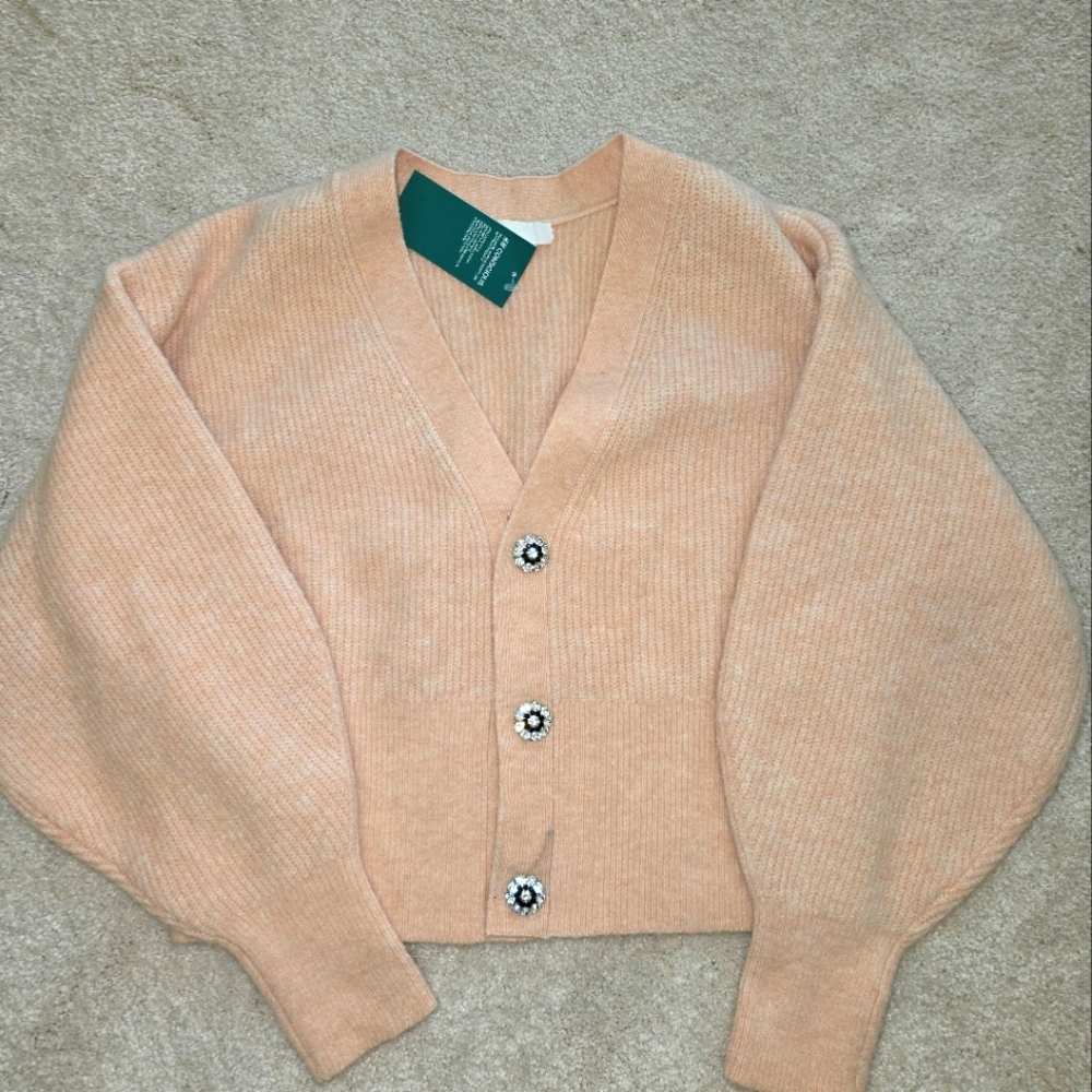 H&M Peach Sorbet Alpaca Wool Blend Rhinestone Cardigan Sweater XXS